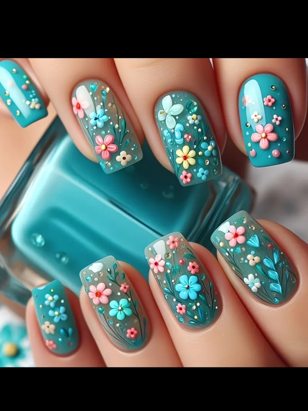 Teal With Floral 3D Printed Reusable Press On Nail Kit (OS)